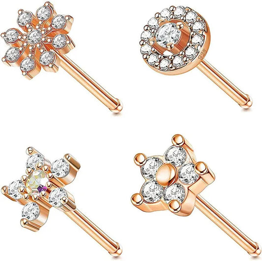 4-piece 925 Sterling Silver Women's Nose Nail 20G Nose Nail Inlaid with Cubic Zirconia Lovely Flower Star Shaped Nose Ring L-shaped Screw Rose Gold Nose Ring Anti Allergic Nose Jewelry