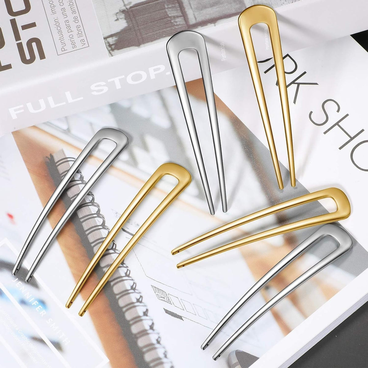 6 Pieces Hair Pins Simple Metal U Shaped French Gold Hair Fork Sticks 2 Prong Updo Chignon Pins for Women Lady Buns Accessories(Gold, Silver)