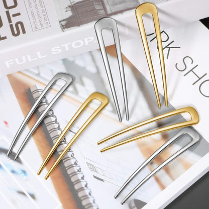 6 Pieces Hair Pins Simple Metal U Shaped French Gold Hair Fork Sticks 2 Prong Updo Chignon Pins for Women Lady Buns Accessories(Gold, Silver)