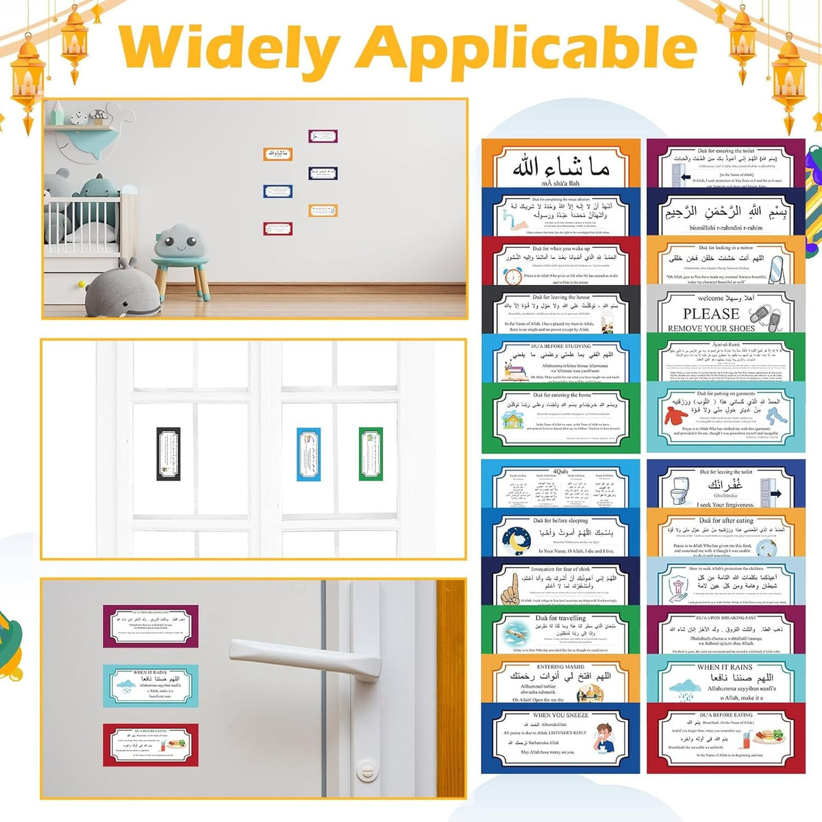 24 Pcs Muslim Stickers Gifts for Muslim Kids, Removable DIY Family Dua Sticker Decal Wall Mural Islamic Arabic Quotes Letters Teaching Education Stuff Wall Sticker, 7.87 X 3.54 Inches