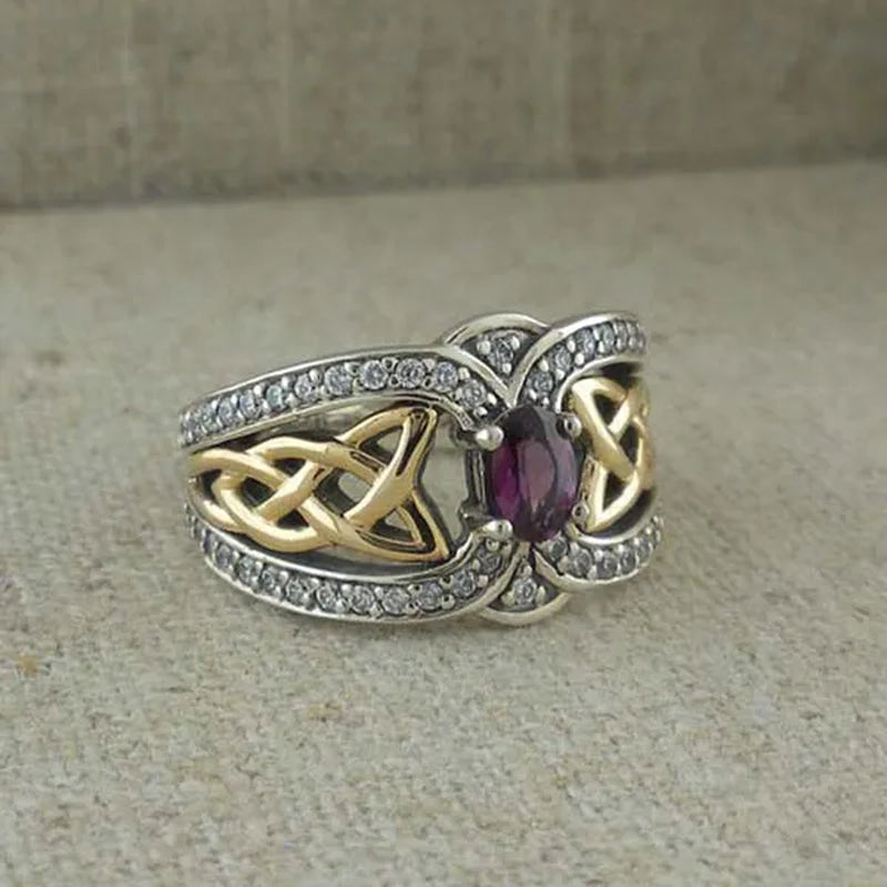 Vintage Women's Fashion Two Tone  Silver & Gold Red Ruby & Blue Sapphire Celtic Ring Anniversary Gift Engagement Bridal Wedding Jewelry Rings Size 5-10