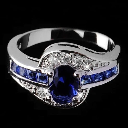 Exquisite Silver Color Natural Sapphire Gemstones Opal Birthstone Bride Princess Wedding Engagement Strange Ring Size 6 7 8 9 10
