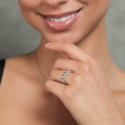 925 Sterling Silver Blue and White Created Sapphire Ring | Wedding Band Ring for Women | 1.00 Cttw | Available in Size 5, 6, 7, 8, 9