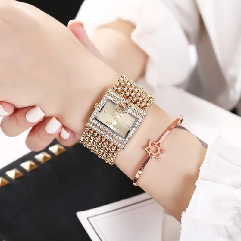 Lucky Bracelets Luxury Ladies Wrist Watch Fashion Full Diamond Gold Stainless Steel Rectangular Female Quartz Watch