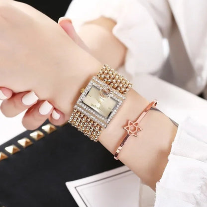 Lucky Bracelets Luxury Ladies Wrist Watch Fashion Full Diamond Gold Stainless Steel Rectangular Female Quartz Watch
