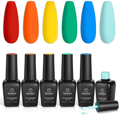 Beetles Gel Nail Polish Set, 6 Retro Colors Old School Collection Soak Off UV Gel Polish Red Yellow Blue Orange Green Gel Polish Nail Art Design Spring Manicure Kit Salon DIY Gifts for Women Girls