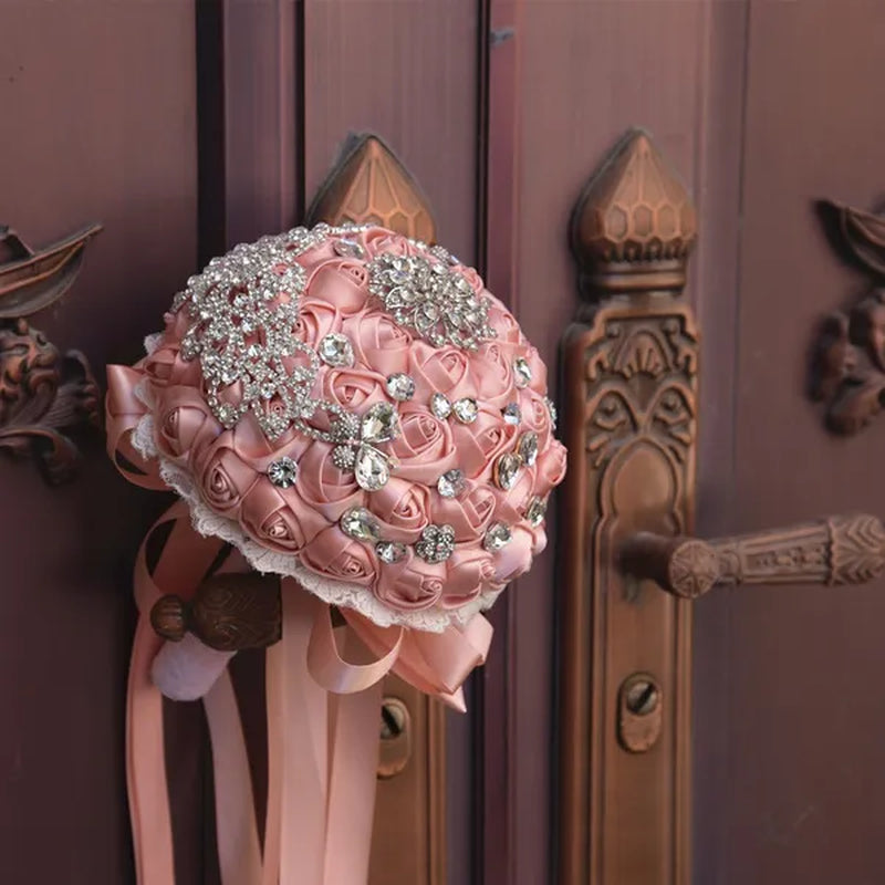 18CM Luxury Crystal Brooch Bride Bouquet Holding Flower Ribbon Lace Wedding Bouquet Artificial Simulation Rose Wedding Flower Bridesmaid Bouquet