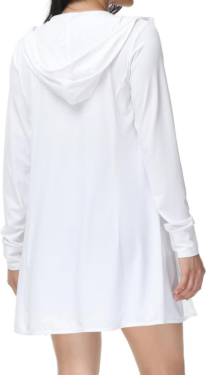 Women'S Long Sleeve Zip Beach Coverup UPF 50+ Sun Protection Hooded Cover up Shirt Dress with Pockets