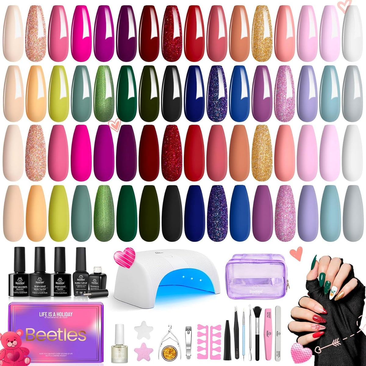 Beetles 23Pcs Gel Nail Polish Kit with Glossy Matte Top Coat and Base Coat Girls Night Collection White Nude Gray Glitters Gel Nail Polish Set U V Soak Off Holiday Manicure for Women Girls