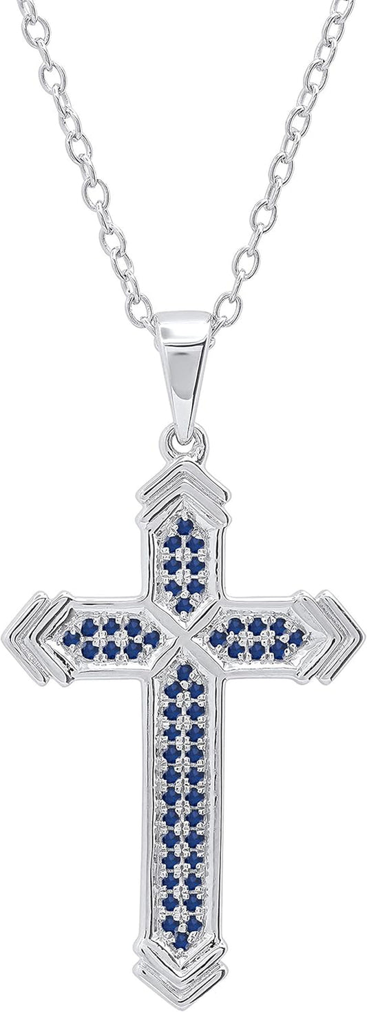 round Blue Sapphire Unisex Divine Cross Pendant in 925 Sterling Silver