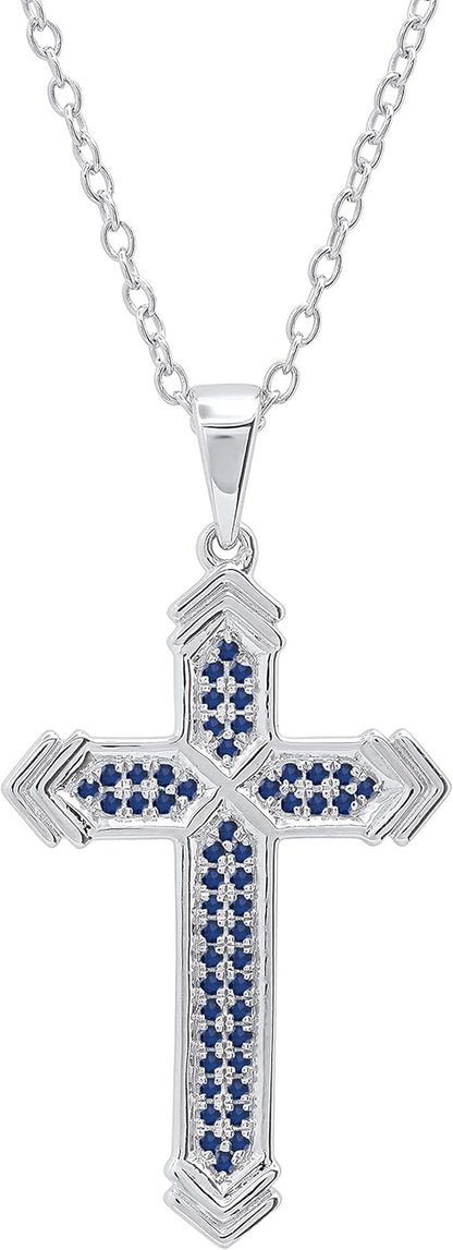 round Blue Sapphire Unisex Divine Cross Pendant in 925 Sterling Silver