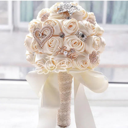 21CM Satin Ribbon Roses Wedding Bouquet Pearl Crystal Brooch Bride Holding Flowers Artificial Rose Wedding Flower Bridesmaid Bouquet. Multi-color Optional