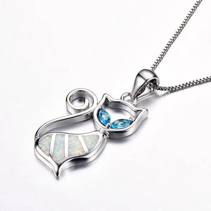 Fashion Elegant 925 Silver White Fire Opal Sapphire Cat Pendant Necklace Womens Jewelry Gifts
