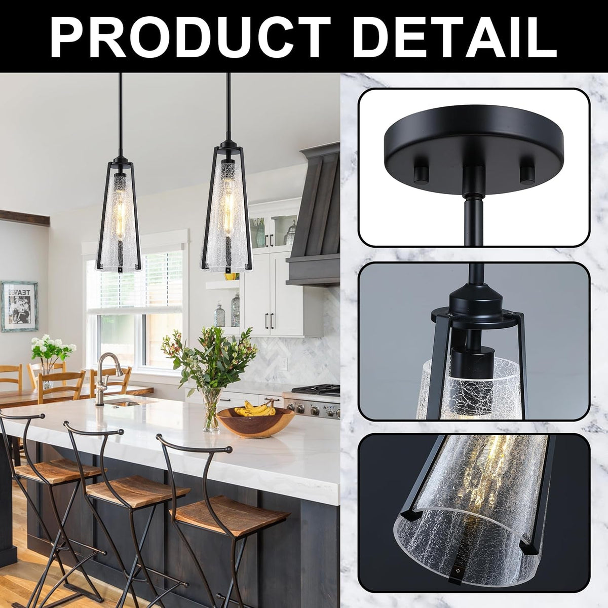 Crackle Glass Pendant Lights Black Hanging Ceiling Light Fixtures 14" Farmhouse Chandelier Adjustable Metal Cord for Dining Room Kitchen Island Bedroom Foyer, T10 Bulb Included