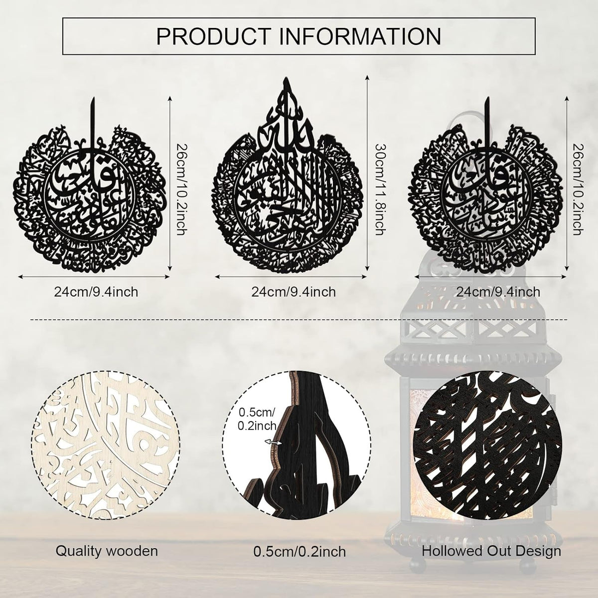 3 Pieces Islamic Wall Decor Muslim Gift Islamic Wall Art for Living Room Calligraphy Indoor Wooden Muslim Decor for Home Bedroom(Black)