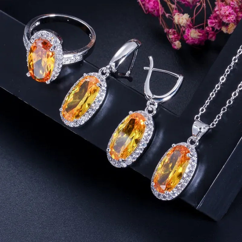 Gloriya Brand 925 Sterling Silver Bright Oval Yellow Topaz Crystal with White CZ Pendant Necklace Earrings and Ring Set for Women Gorgeous Cocktail Party Jewelry Sets