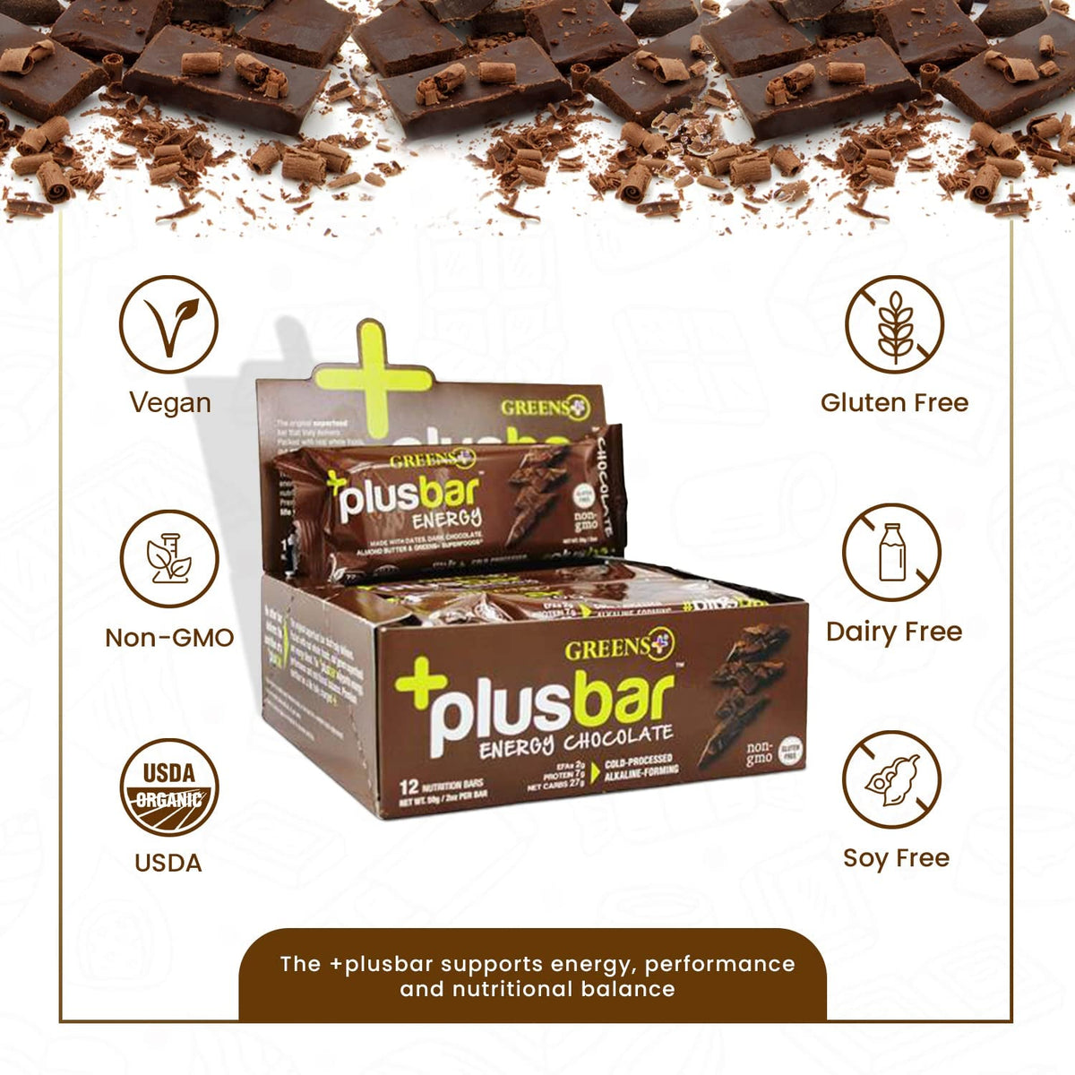 Plusbar Energy Bars, Chocolate, Gluten Free Healthy Snacks with Organic Super Greens, Superfoods & Dark Chocolate, Vegan, Dairy Free & Non GMO, 8G Protein Meal Replacement Bars, 12 Bars