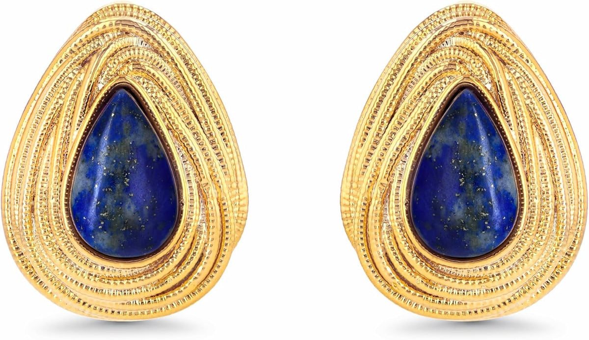 Dainty Oval Triangle Textured Blue Gold Lapis Lazuli Gemstone Statement Earrings for Women by , Small Vintage Button Chunky Bold Handmade Natural Exaggerated Retro Trendy Bohemian Jewelry Gifts, Unique Baroque Stone Summer Beach Fashion Stud Earrings Acce