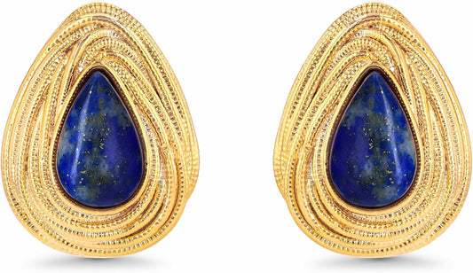 Dainty Oval Triangle Textured Blue Gold Lapis Lazuli Gemstone Statement Earrings for Women by , Small Vintage Button Chunky Bold Handmade Natural Exaggerated Retro Trendy Bohemian Jewelry Gifts, Unique Baroque Stone Summer Beach Fashion Stud Earrings Acce