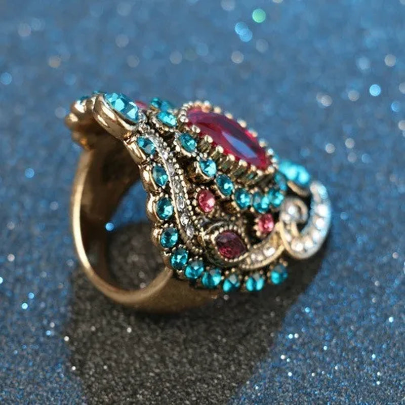 1pcs Bohemia Unique Diamond Crystal Ruby Jewelry Craving Nightclub Gemstone Lady's Ring