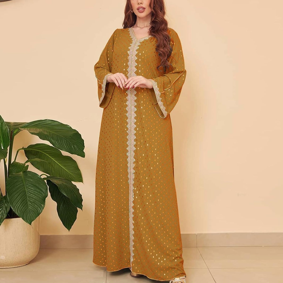 Women'S Muslim Abaya Dress V Neck Bronzing Long Sleeves Elegant Prayer Wear Daily Casual Dress