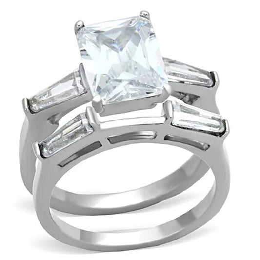 Women's Stainless Steel 316 Emerald Cut Zirconia Engagement Wedding Ring Set Size 5-10