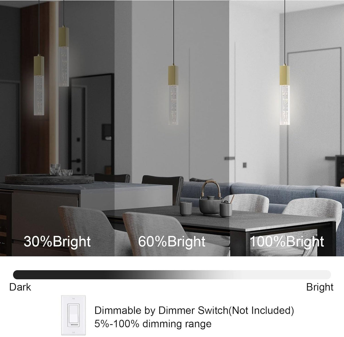 Brass Pendant Light Kitchen Fixture Dimmable Integrated LED Modern Pendant Light for Kitchen Island Mini Crystal Pendant Light for Bathroom Bedroom 3000K Warm Light(2-Pack)