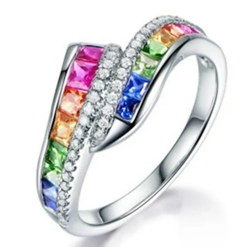 Classic Silver color Ring Rainbow Square Zircon Diamond Rings for Women Beauty Engagement & Wedding Temperament Jewelry Rings Size 6/7/8/9/10 Bague Femme