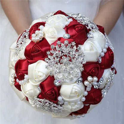 20CM Mixed Color Silk Ribbon Rose Wedding Flower Bouquet Luxury Pearl Crystal Brooch Bridal Bouquet Handmade Creative Bridesmaid Holding Flowers