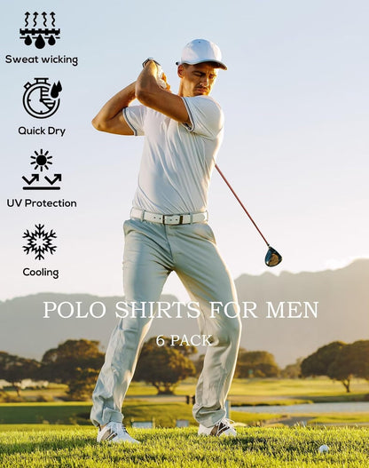 6 Pack Mens Polo Shirts Performance Short Sleeve Golf Shirt Moisture Wicking Athletic Casual Collared T-Shirt