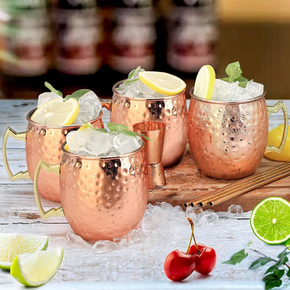 Moscow Mule Mugs Copper Mule Cup Kit 18Oz Set of 4 with Handle Large Copper Hammered Plating Cups with 0.5Oz Double Jigger, Stainless Steel Straws, Spoon for Cold Drinks Cocktails Wine