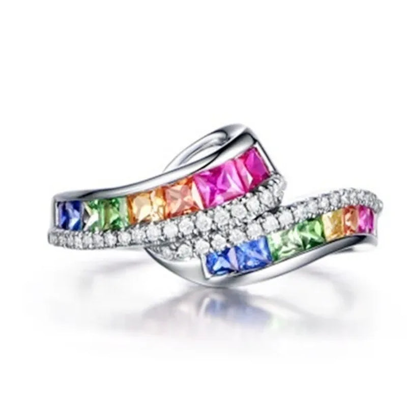 Classic Silver color Ring Rainbow Square Zircon Diamond Rings for Women Beauty Engagement & Wedding Temperament Jewelry Rings Size 6/7/8/9/10 Bague Femme