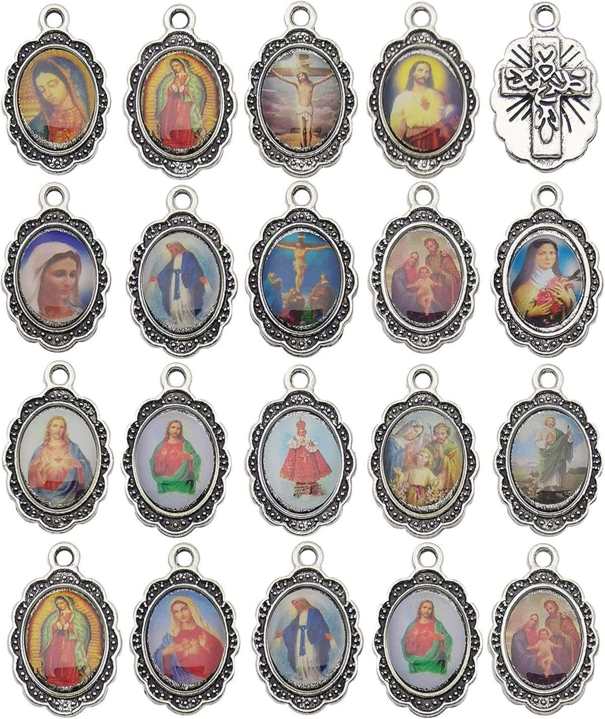 50Pcs Antique Silver Picture Jesus Enamel Our Lady Miraculous Medal Floral Rosary Centerpiece Alloy Crucifix Cross Mother'S Day Pendants Charms for Jewelry Making (M218)