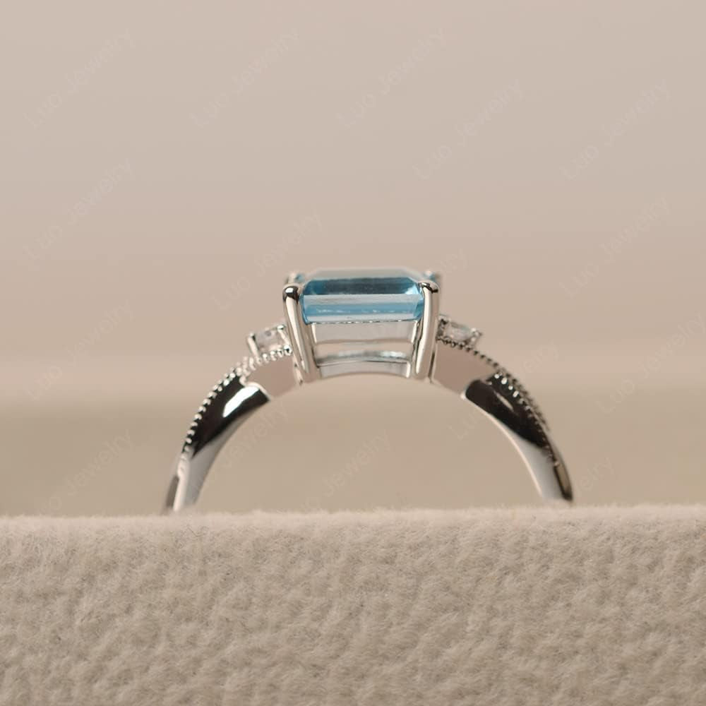 LUO 925 Sterling Silver Emerald Cut 7X5 MM Gemstone Ring East West Dainty Promise Ring for Women