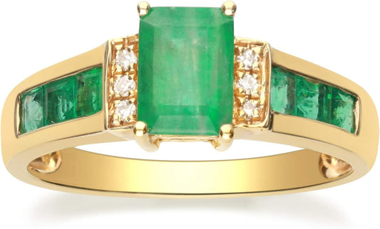 10K Yellow Gold Natural Zambian Emerald Ring with Natural Diamonds for Women | Ethically, Authentically & Organically Sourced Emerald-Shape & Square-Cut Emerald Hand-Crafted Jewelry for Her | Emerald Ring for Women.