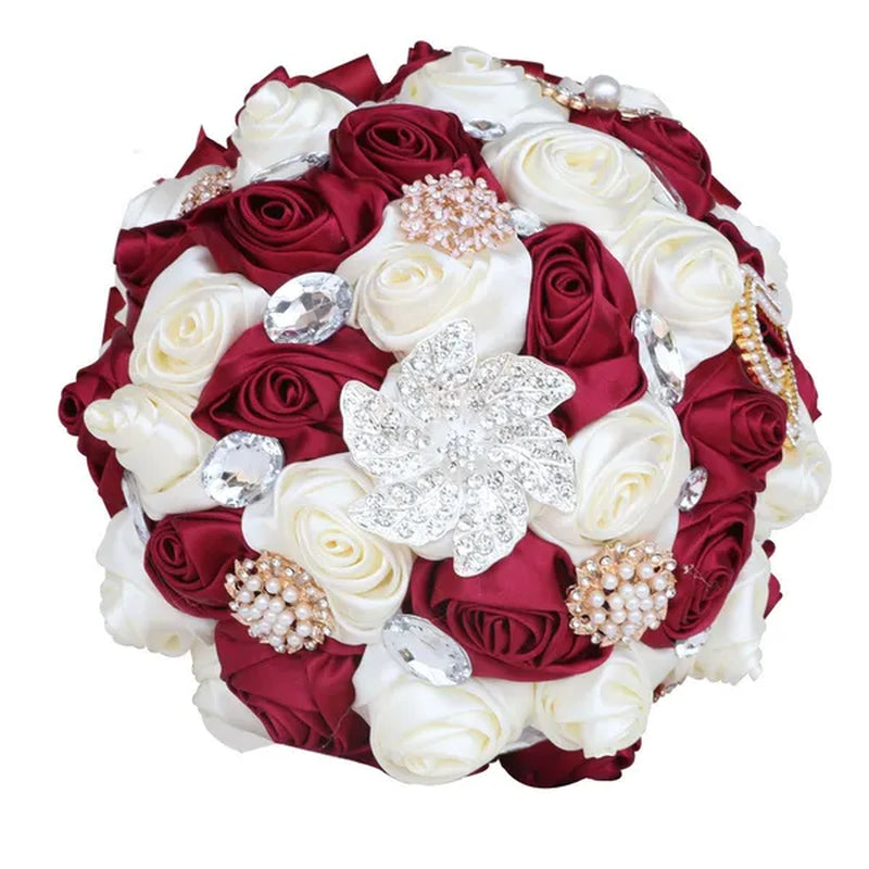20CM Simulation Silk Rose Wedding Bouquet Diamond Pearl Brooch Bridal Bouquets Romantic Bridesmaid Holding Flowers