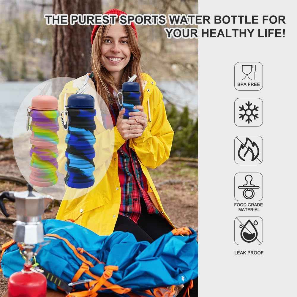 2Pack Silicone Collapsible Water Bottles, Leakproof 16Oz Portable Foldable Expandable Water Bottle Sports Cups with Straw,Bpa Free, for Outdoor Gym Travel(Blue+Rose Red)