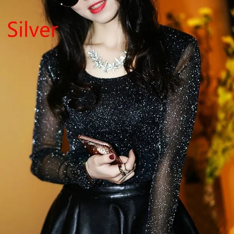 Korean new style sexy T-shirt Party Fashion New Wild Shiny Gold and Silver Mesh Yarn Round Neck Shirt Blouses