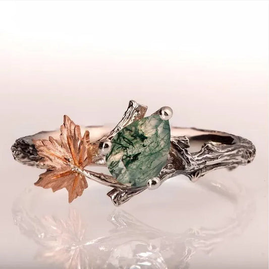 Antique Silver Maple Leaf Ring Women's Vintage Two Tone Twig And Leaf Moss Agate Ring Anniversary Gift Engagement Bridal Wedding Jewelry Rings Size 5-10