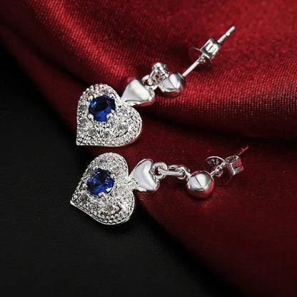 Woman Party Wedding Jewelry Sets 925 Sterling Silver Blue Crystal Heart Pendant Necklace Earrings Classic Fashion Gift