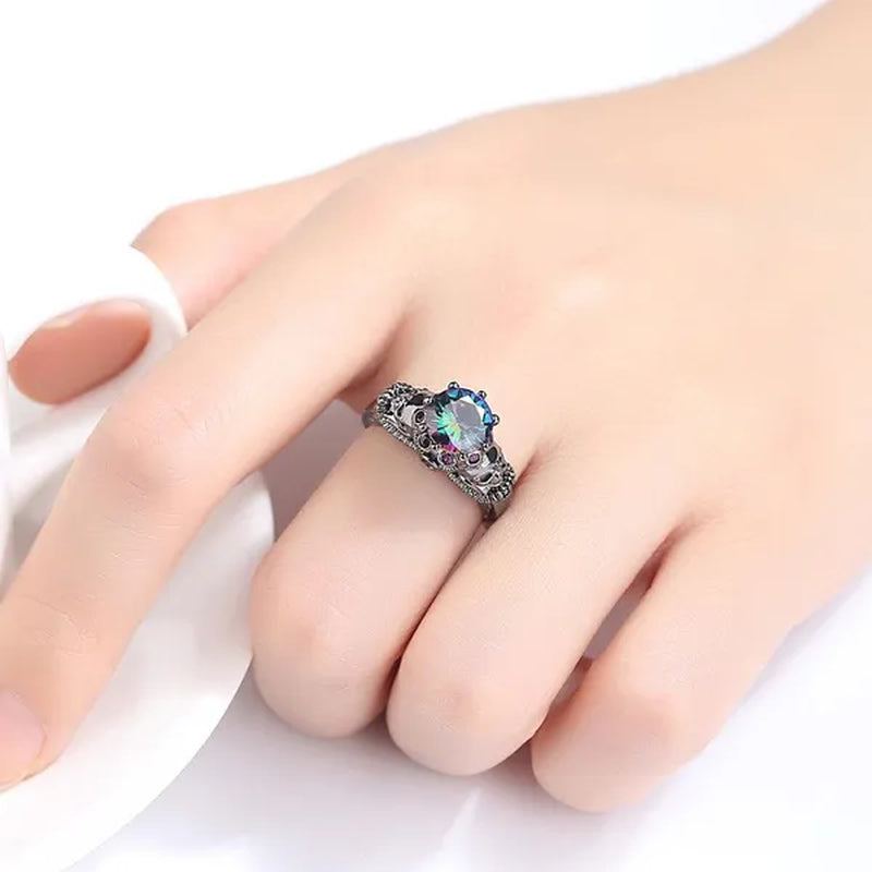 Gothic Style Sterling Silver Skull Ring Black Sapphire/Rainbow Crystal Diamond Punk Jewelry Proposal Birthday Gift Bridal Engagement Band Rings for Men Women Bride Size 6-9