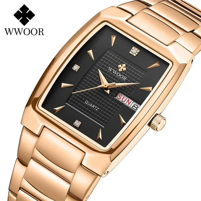 2021 Men's Watch WWOOR Top Brand Luxury Gold Blue Black Watch Men's Square Business Sports Quartz Waterproof Stainless Steel Watch Relogio Masculino