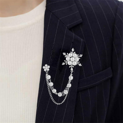 Glittering Imitation Pearl Crystal Snowflake Flower Hanging Chain Brooch Pin for Women Men Fashion Snowflake Tassel Shirt Collar Lapel Pin Charming Clothes Bags Decoration Jewelry