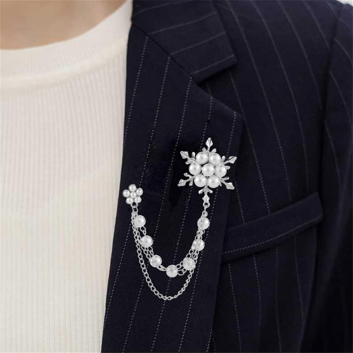 Glittering Imitation Pearl Crystal Snowflake Flower Hanging Chain Brooch Pin for Women Men Fashion Snowflake Tassel Shirt Collar Lapel Pin Charming Clothes Bags Decoration Jewelry