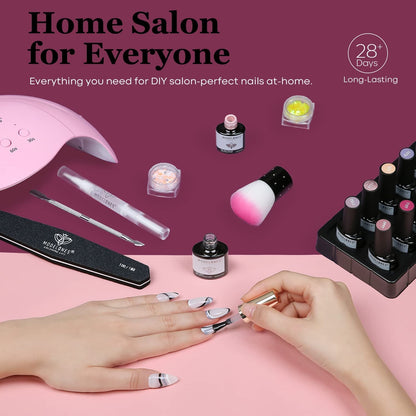 35 Pcs Gel Nail Polish Kit with U V Light 48W Nail Lamp - 12 Colors Nude Pink Gray Glitters Gel Nail Polish Set Glossy & Matte Base Top Coat Nail Art Decoration Manicure Tools Salon DIY Gift