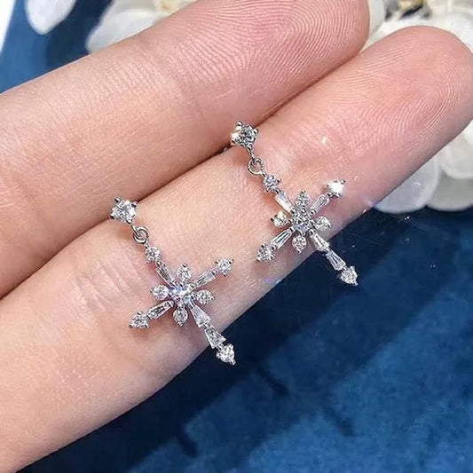 Fashion Copper Plated Platinum Personality Simple Retro Snowflake Cross Earrings Elegant Temperament Inlaid Diamond Earrings