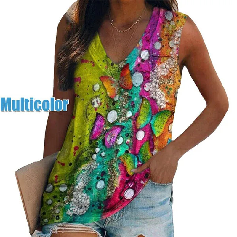 Ethnic Style Multi-pattern Print Sleeveless T-shirt Women's Vest V-neck Casual Loose Shirts Blouse Tank Top Camisoles
