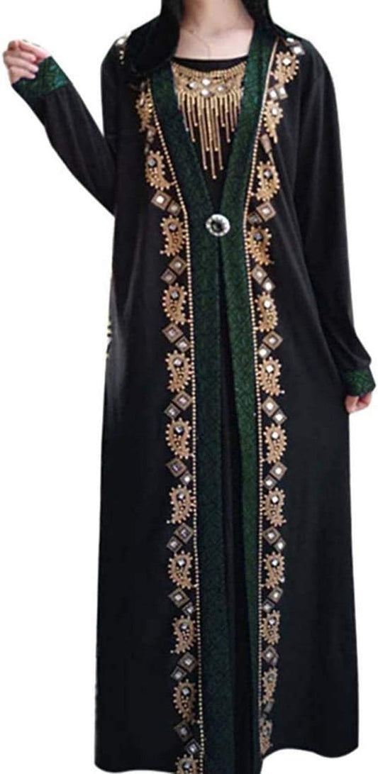 Women Muslim Dress Middle East Arabian Robe Islamic Abaya Long Sleeve Rhinestones Embroidered Cardigan Dress