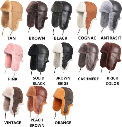 Leather Aviator Shearling Ushanka Trapper Hat Russian Sheepskin Cap Real Fur Winter Hat with Ear Flaps for Men Women