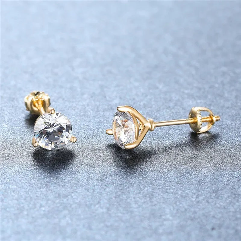 Vintage Three-Prong Martini Round Glass Stud Earrings Golden Spiral Bride Wedding Engagement Jewelry Gifts